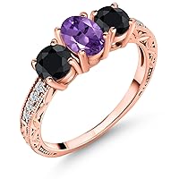 Gem Stone King 2.25 Ct Oval Purple Amethyst Black Sapphire 18K Rose Gold Plated Silver Ring