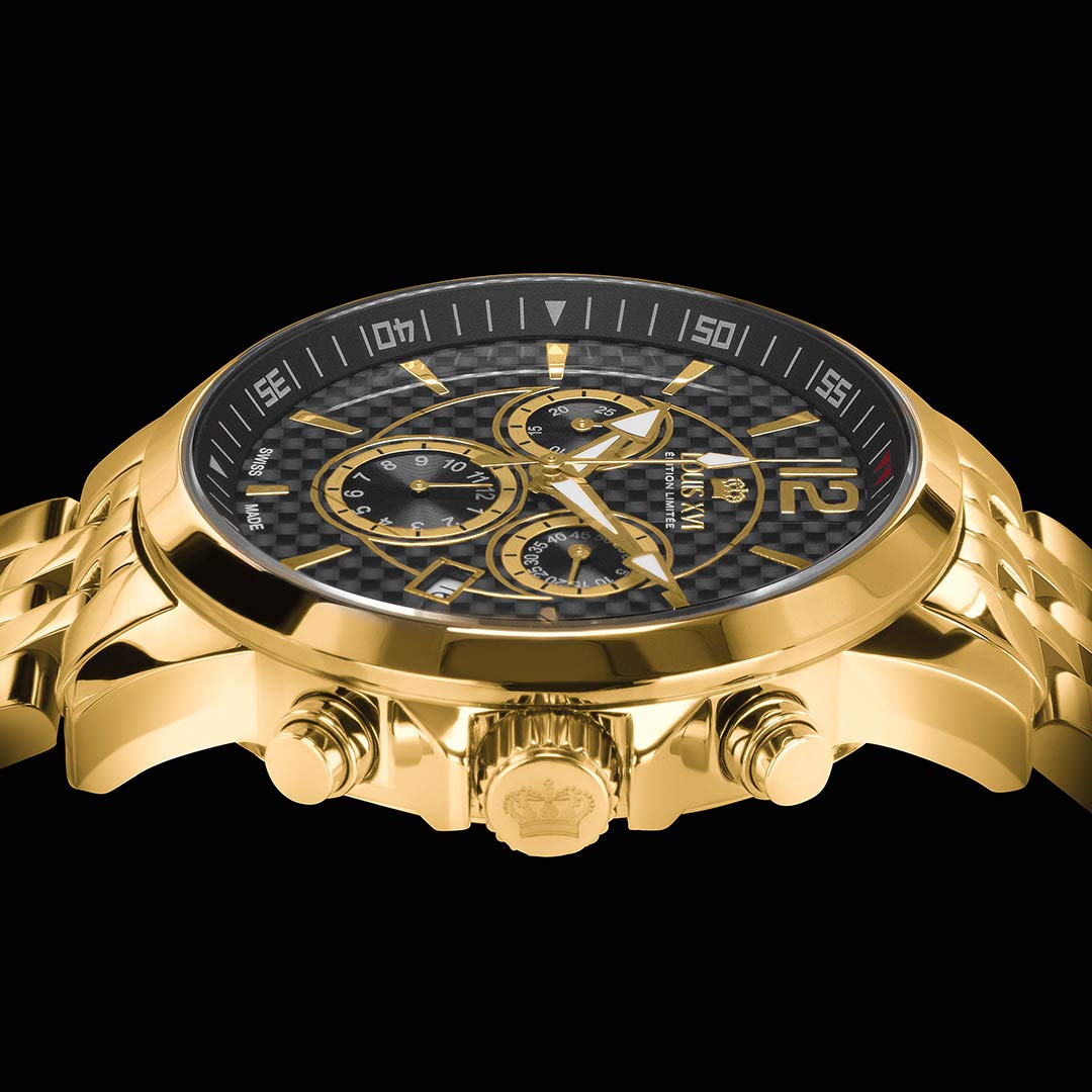 LOUIS XVI Herren-Armbanduhr Athos Stahlband Gold Schwarz Karbon Chronograph Analog Quarz Edelstahl 800