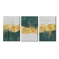 Pacimo Canvas Art Wall Decor Geometric Gold Green Pictures Strokes Abstract Shapes Illustrations Painting Prints on Canvas 3 Pieces Modern Artwork Stretched and Framed Ready to Hang - 16