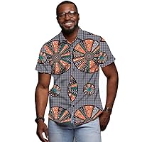Men`s Shirts African Print Dress Shirt Short Sleeve Dashiki Tops Ankara Blouse Slim Fit Outwear