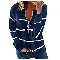 Women Quarter Zip Sweaters, Striped Print Athletic Long Sleeve Plus Size Tops Classic Womens Winter Tops