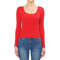 Women's Lace Trimmed Scoop Neck Long Sleeve Top