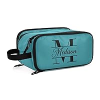 Teal Blue Custom Makeup Bag, Large Capacity Personalized Toiletry Bag Cosmetic Bag for Travel Shower Brush Bag for Hotel Women Adults