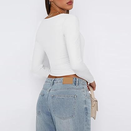 Women Square Neck Long Sleeve Crop Tops Sexy Slim Fit Y2K Going Out Tops Solid Basic Tight Cropped T Shirts