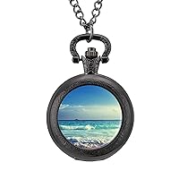 Ocean Waves Seychelles Island Beach in Sunset Pocket Watch Vintage Pendant Watches Necklace with Chain Gifts for Birthday