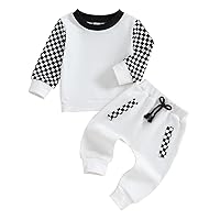 Gueuusu 2Pcs Baby Boy Fall Winter Clothes Toddler Checkered Outfit Long Sleeve Pocket Sweatshirt Top Plaid Jogger Pants Set