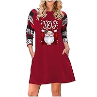 Women's Christmas Dress Print Long Sleeve Tunic Dresses Pockets Plus Size T-Shirt Dress Girls, S-4XL