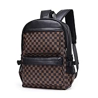 Men's Backpack PU Leather Two-Way Zipper Adjustable Hanging Minimalist 14IN Laptop Bag Multifunctional Travel Office Checkerboard/Brown