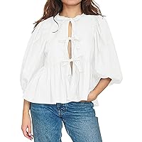 Women Tie Front Tops Puff Sleeve Lace Up Peplum Blouse Cute Babydoll Shirt Going Out Tops Streetwear