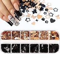 12 Grids Holographic Nail Glitter Black Gold Nail Decals Flower Butterfly Heart Rabbit Nail Art Sequins Glitter Nail Charm Flake for Women Girls Acrylic Nails Design Nail Decoration Accessories