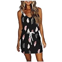 Womens Dresses for Wedding Guest Spring,Women's Casual V-Neck Short Sleeve Strap Open Back Sexy Print DressImit
