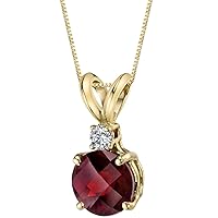 PEORA 14K Yellow Gold Garnet and Diamond Pendant for Women, Genuine Gemstone Birthstone Solitaire, Round Shape, 6.50mm, 1.40 Carats total