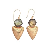 Designer Handmade Gray Labradorite. Hydro Gemstone Brass Hook Earrings Jewelry