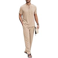 COOFANDY Men's 2 Pieces Cotton Linen Set Casual Short Sleeve Henley Shirts Beach Yoga Pants Summer Outfits