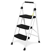 HBTower Folding 3 Step Ladder with Unique Snap-Lock Design, 500 lb. Capacity Sturdy Steel Ladder, Lightweight, Portable Step Stool with Handle, White