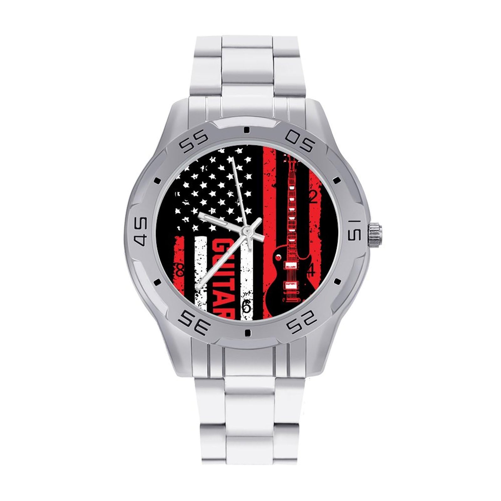 Guitar with American Flag Stainless Steel Band Business Watch Dress Wrist Unique Luxury Work Casual Waterproof Watches