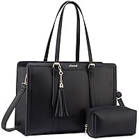 LOVEVOOK Laptop Bag for Women 15.6 inch Lightweight PU Laptop Tote Bag, Large Capacity Computer bag with Clutch Purse for Business, Work, Office, Travel, School,Casual(Black & Leather)