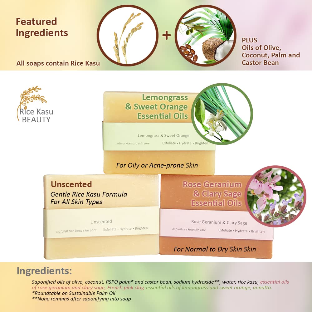 Rice Kasu Beauty 3-Piece Handmade Facial Soap Set, Unscented, Rose Geranium, Lemongrass and Sweet Orange, 6 Ounce