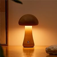 Wooden Mushroom Lamp, Portable Cordless Small Lamp, Rechargeable Battery Operated Lamp, 3 Colors Stepless Dimming, Night Light for Birthday Gifts（Beech/6.5