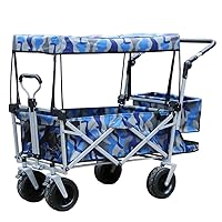Trolleys,Ffoldable Hand Cart G-Arden Trolley Carriage of Children Outdoor Hiking Trail Double Layer Thick Cotton Canopy 4 Wheels Can Be Rotated 180°/Camouflage Blue
