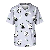 Men's Panda Printed Scrub Tops Plus Size V-Neck Short Sleeve Funny Medical Workwear Stretchy Nurse Uniform with 3 Pockets