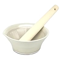 Motoshige Pottery 041246 Ishimi Ware Color Mortar Pestle Set, White, Does Not Damage Table, Silicone, Bottom, Diameter Approx. 5.3 inches (13.5 cm), Anti-Slip, Motoshige, Pestle Wood, Made in Japan