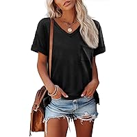 Loose T Shirts for Women 2024 Summer Women's Tops Tees Blouses Short Sleeve V Neck Solid Shirts with Bust Pocket