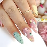 24Pcs Easter Press on Nails Long Almond Fake Nails Easter Egg Acrylic Nails Easter Rabbit Glue on Nails Matte Pink Blue False Nails Full Cover Artificial Nails Kit for Women Easter Nail Art Decoration