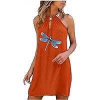 Women's Bohemian Casual Summer Swing Foral Print Hawai Sleeveless Knee Length Beach Round Neck Trendy Dress Flowy Orange