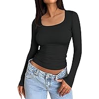 Women's Shirts Casual Summer Square Neck Slim Fit Sexy Long Sleeve T-Shirt Top, S XL
