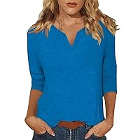 Womens Fall Fashion 2024 V Neck Fall Tops Soild Color 3/4 Length Sleeve Tops Casual My Orders Blusas Casuales De Mujer Bonitas 15-Blue X-Large