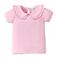 Toddler Girls Button Closure Soft Cotton Home Tee Top Solid Color Ruffled T-Shirt Kids Blouse Outdoor Activities