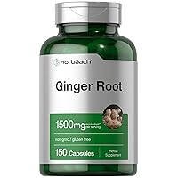Horbaach Ginger Root Capsules 1500 mg | 150 Pills | DNA Tested, Non-GMO, Gluten Free | Ginger Root Extract