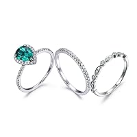 Pear Cut Emerald Ring,14K White Gold Half Eternity Wedding Set,Milgrain Diamond Engagement Ring