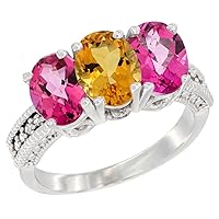 10K White Gold Natural Citrine & Pink Topaz Sides Ring 3-Stone Oval 7x5 mm Diamond Accent, Sizes 5-10