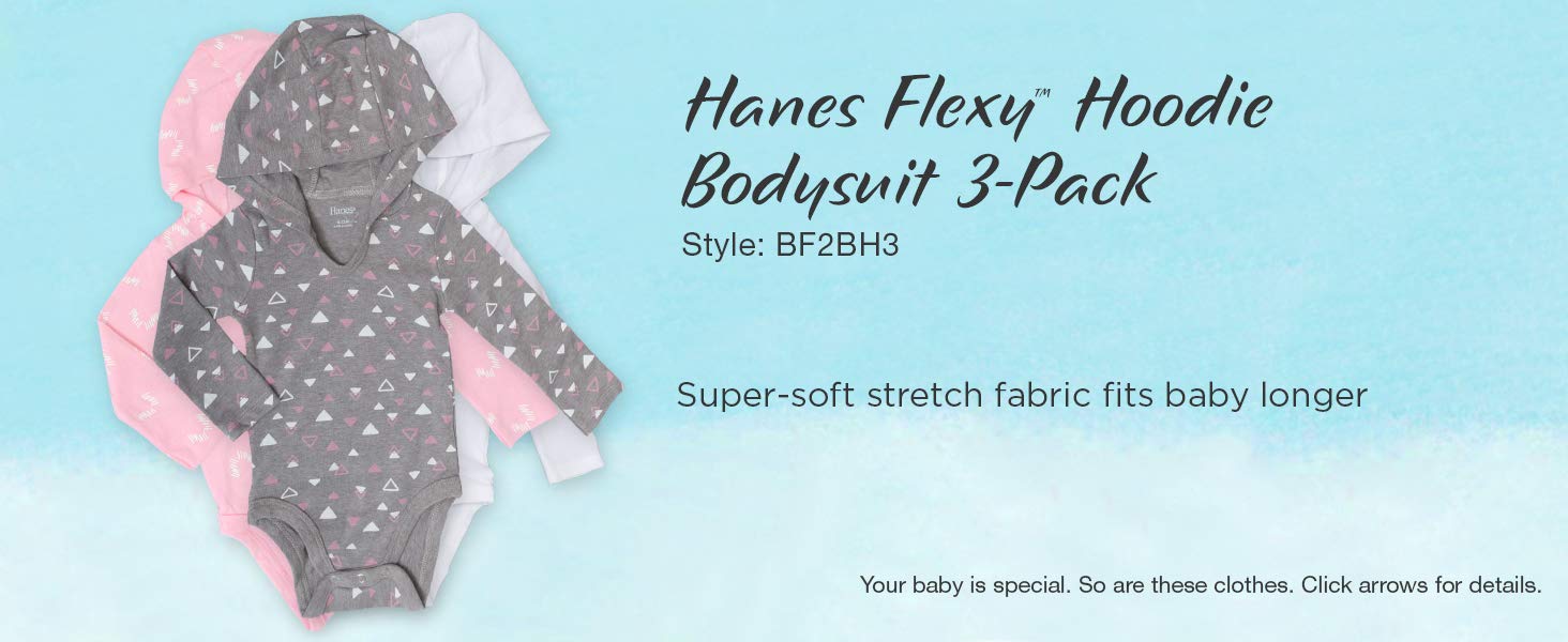 Hanes Baby Bodysuits, Ultimate Baby Flexy Hoodie Infant Bodysuits, 3-Pack