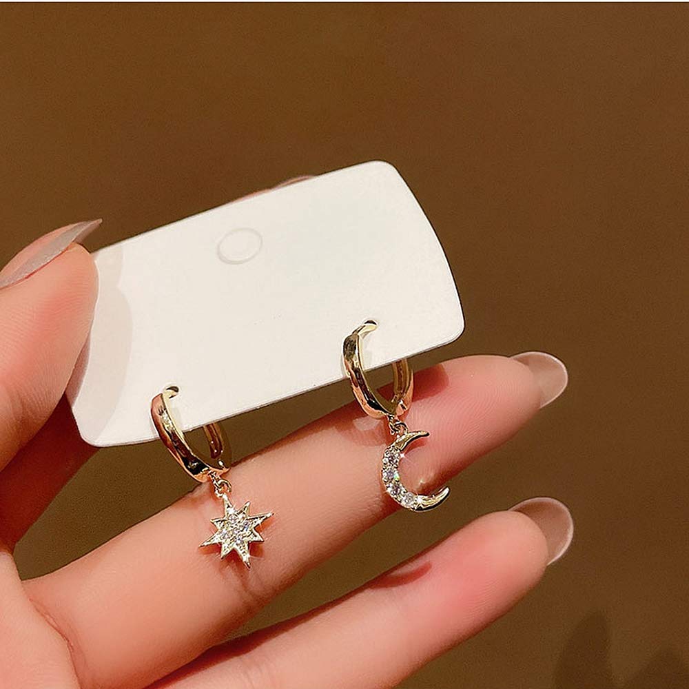 Crystal Moon Star Dangle Hoop Earrings for Women Teen Girls S925 Sterling Silver with Charms Asymmetrical CZ Diamond Drop Cartilage Cute Jewelry Delicate Fashion Birthday Gift Best Friend Gold Plated