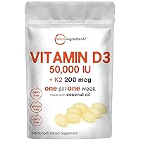 Micro Ingredients Vitamin D3 50,000 IU Plus K2 (MK-7) 200 mcg, 240 Virgin Coconut Oil Softgels | 2 in 1 Vitamins D & K Complex | Supports Calcium Absorption, Bone, Immune, & Heart Health