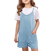 Girls Summer Jumpsuits Spaghetti Strap Sleeveless Loose Romper Short Pants with Pockets 5-14 Years