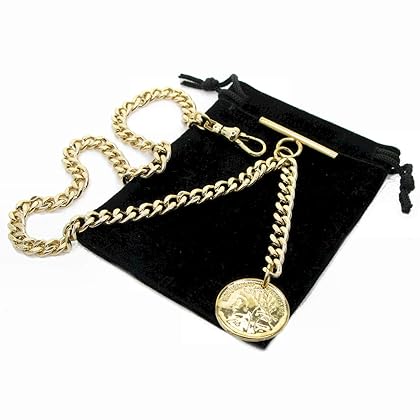 watchvshop Albert Chain Gold Tone Pocket Watch Chain Vest Chain for Men Fob T Bar with Swivel Clasp and Ancient France Coin Design Medal Charm Fob AC78A