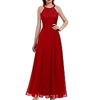 Dressystar Women's Spring Long Formal Dress Wedding Guest Dress 2024 Halter Lace Dress Bridesmaid Cocktail Party Prom Gown