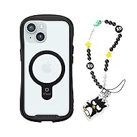 iFace iPhone 15 Tempered Glass Case (MagSafe Compatible) (Black) + Badtz-Maru Beaded Phone Strap