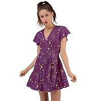 CowCow Womens A-Line Starry Night Sky Moon Stars Space Constellations Planets Mrs Frizzle Flutter Sleeve Wrap Dress