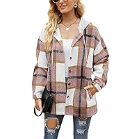 Women's Oversized Hooded Plaid Shirts Coat Flannel Casual Long Sleeve Button Down Shacket Jacket