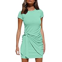 Summer Dresses for Women 2024 Crew Neck Short Sleeve Bodycon Mini Dress Wrap Ruched Tie Waist Party Club Dresses
