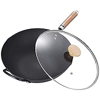CHUNCIN - Wok Pan with Glass lid 13, Uncoated Nonstick Iron Pot，Japanese Iron Pan with Wooden Handle Suitable for Induction Cooker, Natural Gas