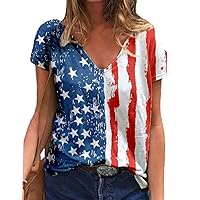 Women American Flag T Shirt USA Star Stripes 4th of July Tee Shirts V Neck Patriotic Tie Dye Color Block Summer Top