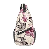 Sling Backpack,Travel Hiking Daypack Beautiful Flowers Hummingbird Print Rope Crossbody Shoulder Bag