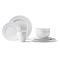 Elle Décor Zara Round Dinnerware Set – 16-Piece Porcelain Dinner w/ 4 Plates, Salad Bowls & Mugs Unique Gift Idea for Any Special Occasion or Birthday, White, 7859-16-RB