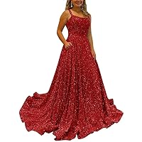 Sparkly Sequins A Line Prom Dresses Long Spaghetti Straps Party Dresses Backless Wide Hem Ball Gowns for Women